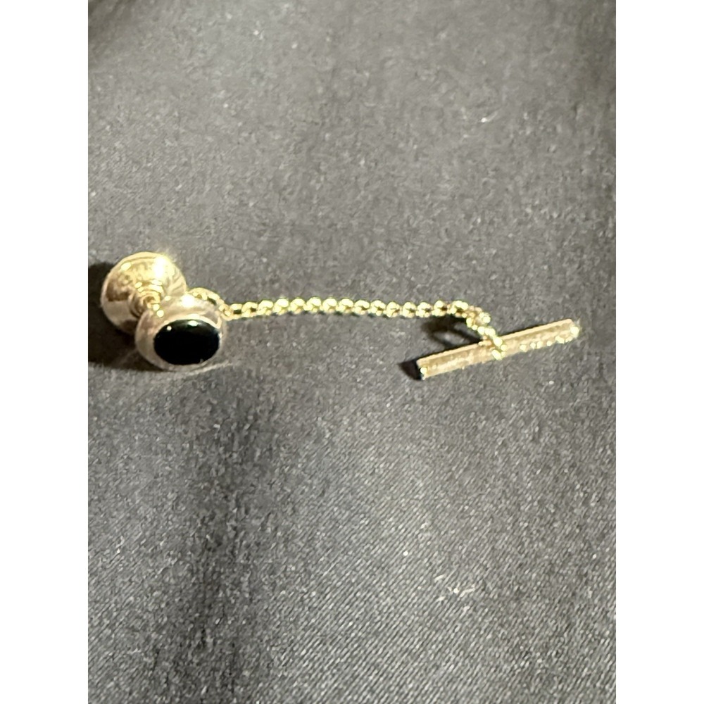 Vintage Avon Style Oval Black Onyx Tie‎ Tack with Gold color Chain